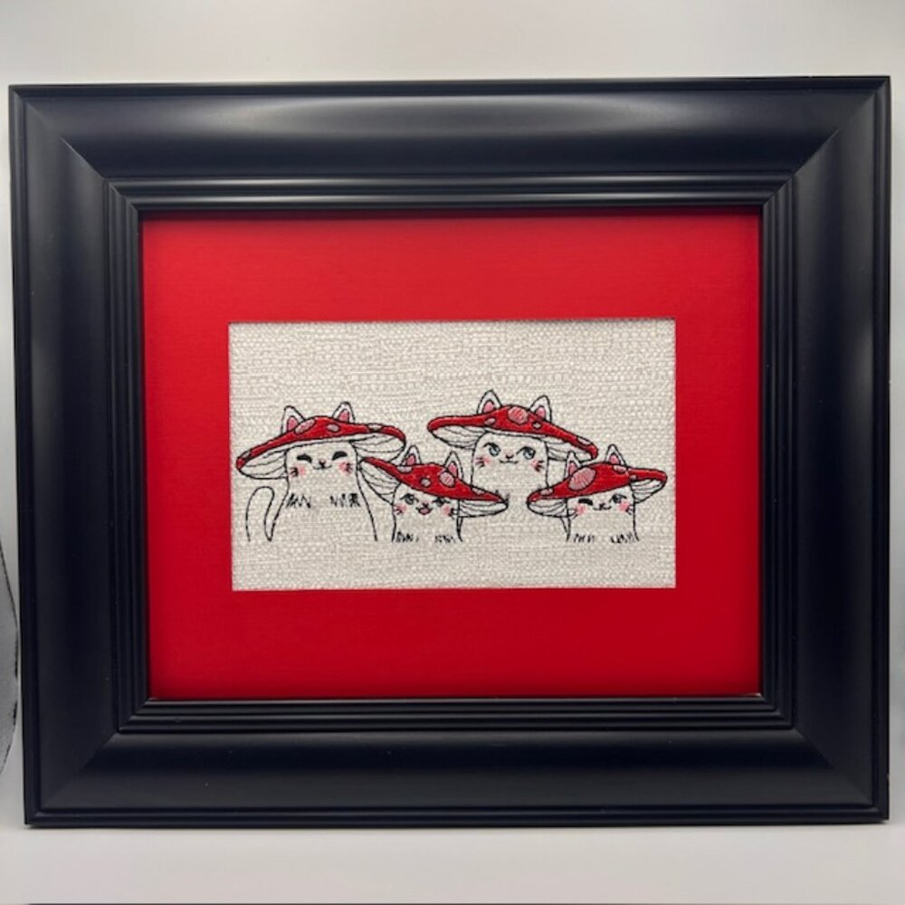 Homemade Black & Red Mushroom Cat Framed Embroidery Art